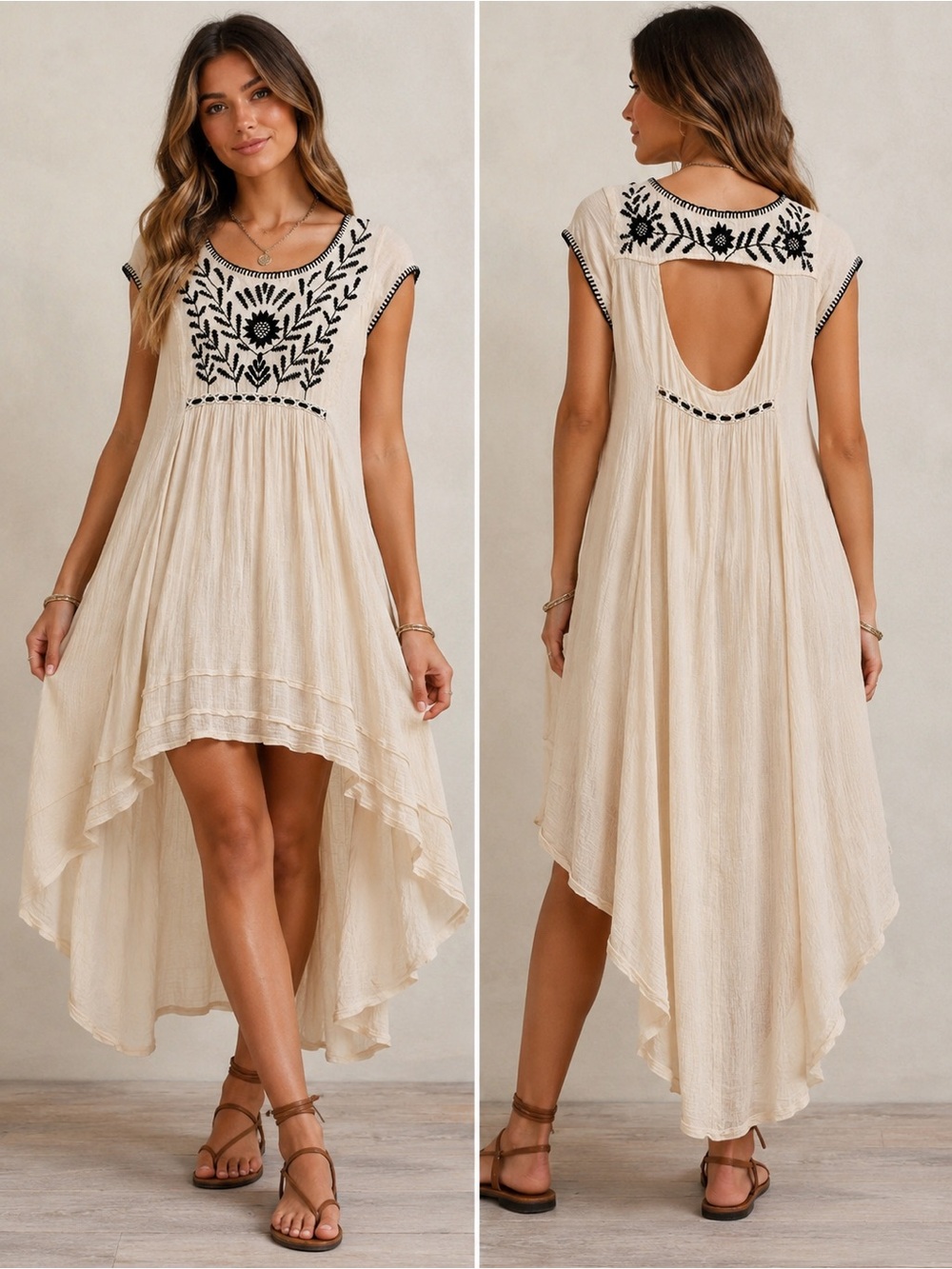 Free People Marina Dress XS Ivory Black Embroidered High Low‎ Open Back Boho